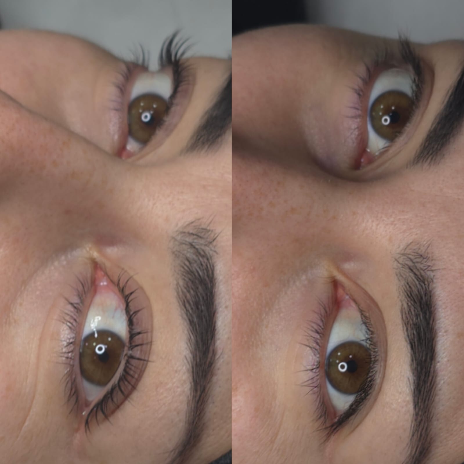 Antes y después de lifting de pestañas con tinte — mirada más abierta y definida